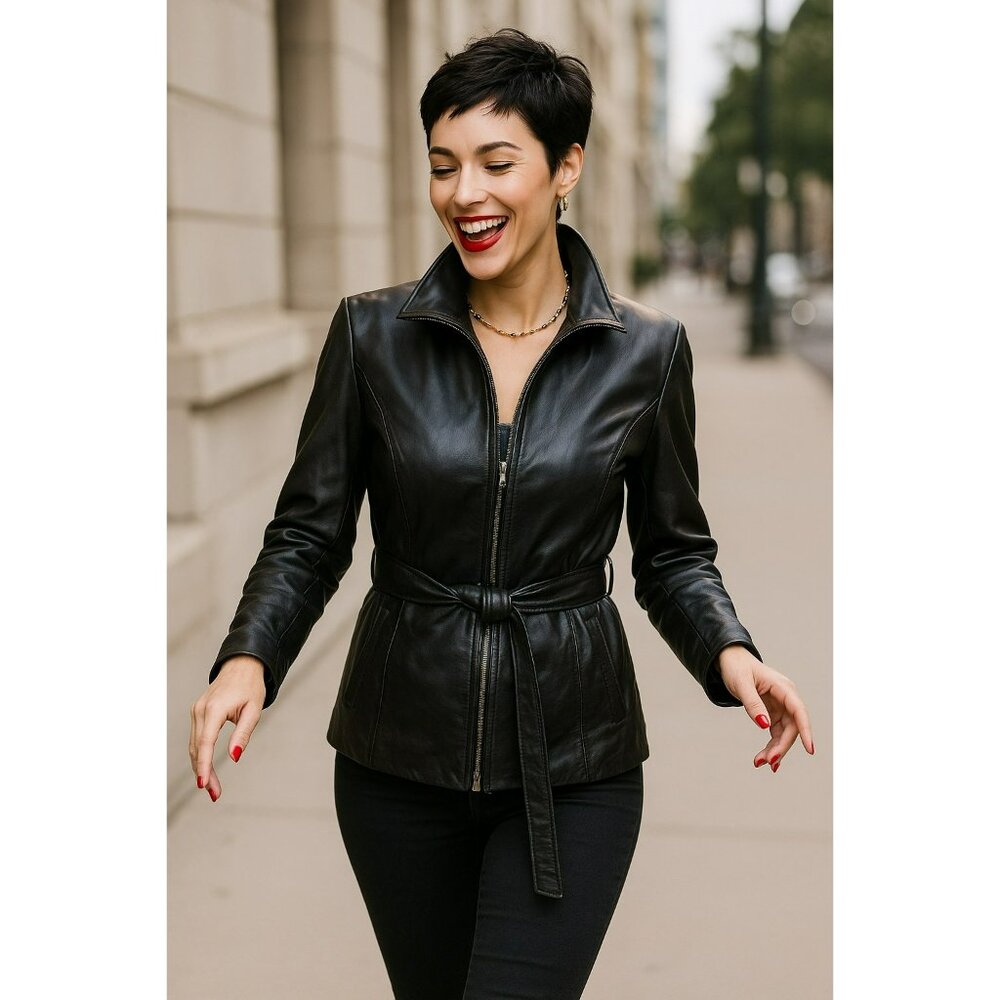 Pelle Studio Wilsons Belted Fitted Leather Jacket Womens XS Black Full zip Closu